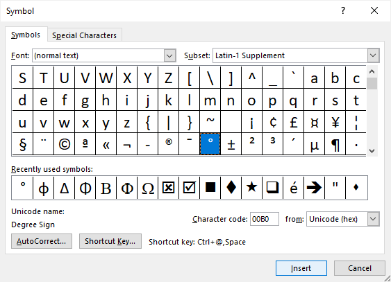 mac word shortcut for degree symbol